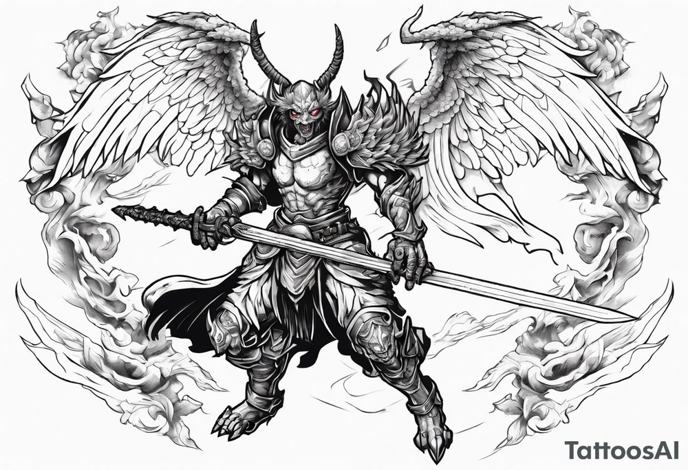 A demon angel wearing organic armor that is in mid-air with his two-handed sword about to attack in isometric view. tattoo idea