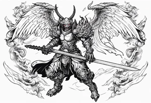 A demon angel wearing organic armor that is in mid-air with his two-handed sword about to attack in isometric view. tattoo idea