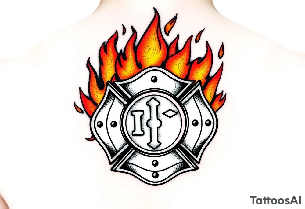 A roaring fire engulfing a firefighter’s badge, with deep orange and yellow flames contrasting against the polished silver emblem. tattoo idea