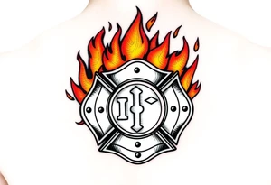 A roaring fire engulfing a firefighter’s badge, with deep orange and yellow flames contrasting against the polished silver emblem. tattoo idea