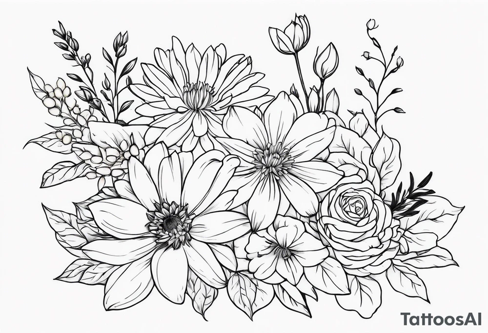 Asters, roses, lily of the valley, and chrysanthemums sleeve tattoo idea