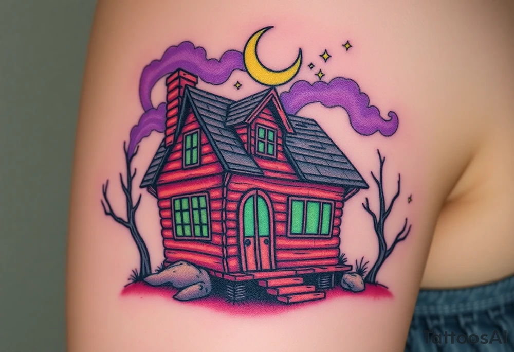Tim Burton’s haunted pastel wood cabin home is abandoned and dripping with muted reds, dusty pinks, and eerie green glow.purple and cyan smokey clouds swirl in the crescent moonlit sky thats sprinkled with stars tattoo idea tattoo idea
