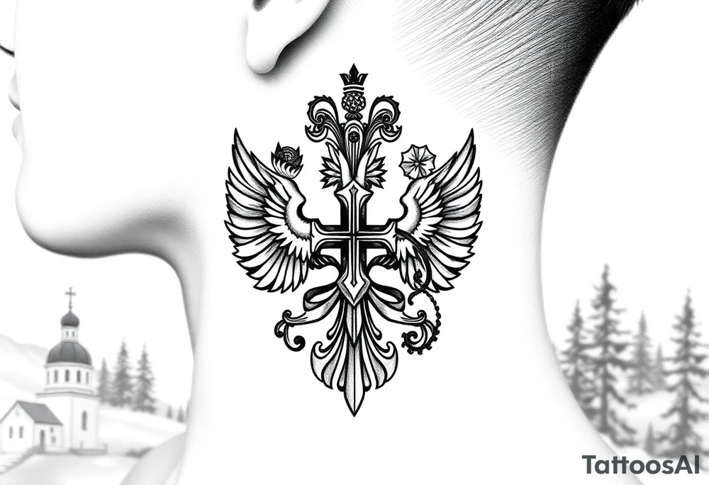 russian coat arms in a russian christian orthodox cross with the cross in the middle with a virgin mary & orthodox dome church on the side of the neck in a wilderness setting tattoo idea