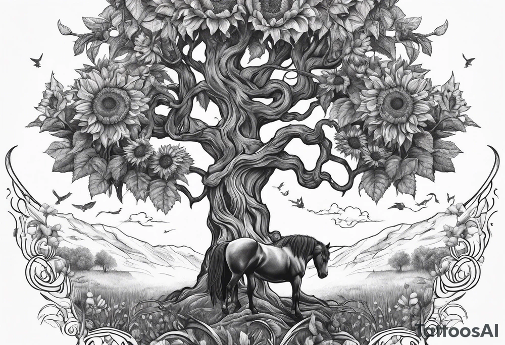 Yggdrasil tree, horse in front of it, and sunflowers tattoo idea