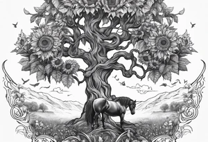 Yggdrasil tree, horse in front of it, and sunflowers tattoo idea