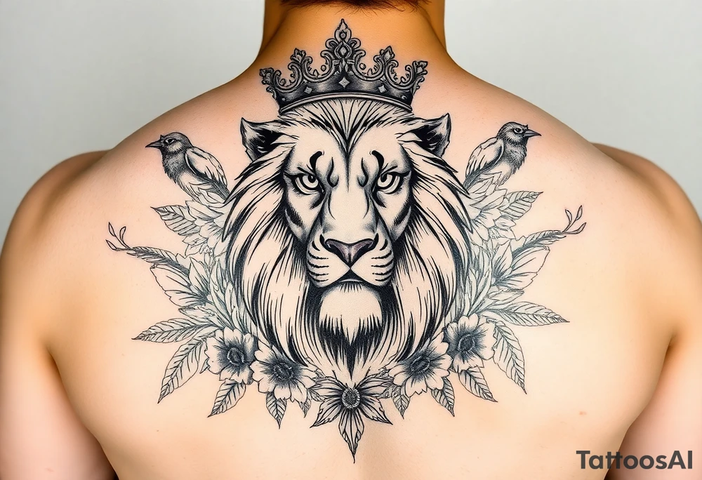 powerful majestic lion with a crown, surrounded by floral ornaments and birds tattoo idea