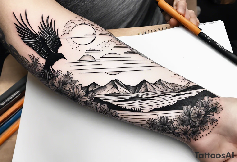 Forearm tattoo with southwest landscape and bird silhouette tattoo idea