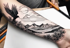 Forearm tattoo with southwest landscape and bird silhouette tattoo idea