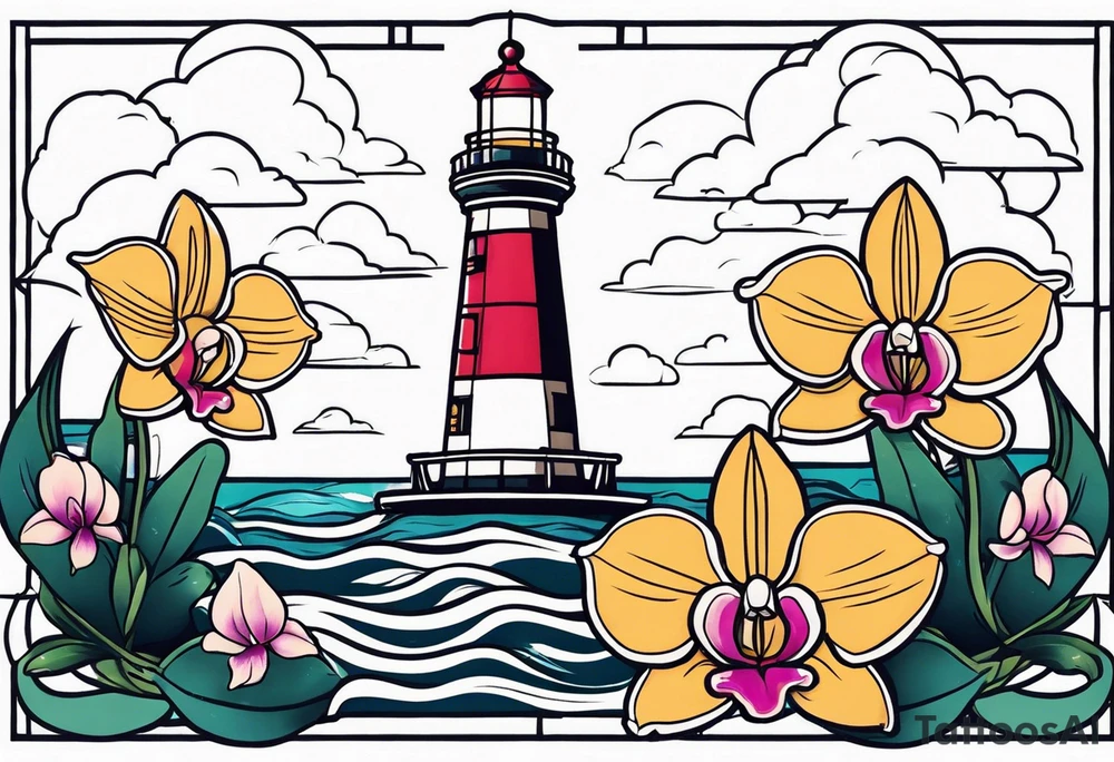 Lighthouse with an anchor and orchids tattoo idea