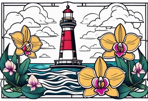 Lighthouse with an anchor and orchids tattoo idea