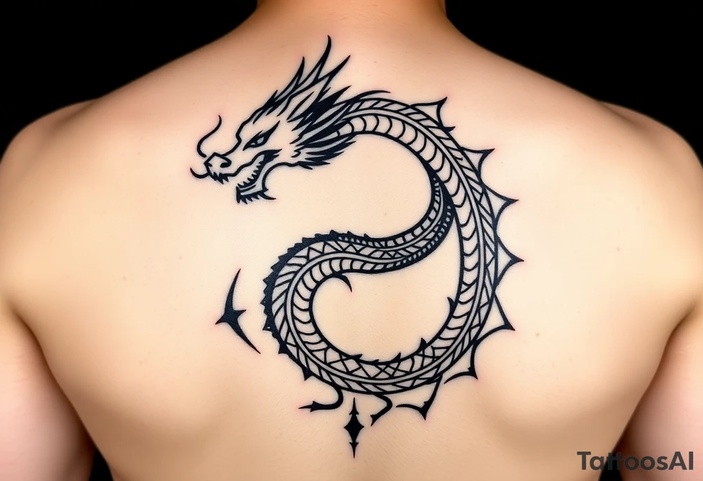 A refined black ink tattoo design for the back,  a minimalist tribal-style dragon curls in a spirals along the spine, symbolizing inner power and spiritual awakening.


 symbolizing spiritual rebirth and clarity.

denoting emotional depth, cycles, and feminine energy.

representing grounding, resilience, and ancestry.

Include subtle tribal and Berber cultural motifs , symbolizing fire, air, water and what u deem in tune with the spirit of the design

Style: sacred geometry meets minimalist tribal art. Fine linework, dotwork, and light shading. Symmetrical layout, clean flow, mystical tone.

Color: Black or dark brown ink only, on light parchment background. tattoo idea