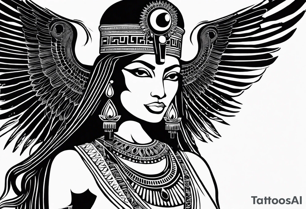 black and white Egyptian goddess Isis, who is often depicted as a woman with outstretched wings, holding an ankh (a symbol of life) in one hand and a lotus flower in the other. Her headdress often includes a throne or a solar disk. The tattoo design can vary in style and size, but it typically aims to capture the essence of this revered Egyptian deity, emphasizing her beauty, power, and maternal qualities. The choice of colors and additional elements can also be customized to create a unique and visually striking representation of the goddess Isis tattoo idea