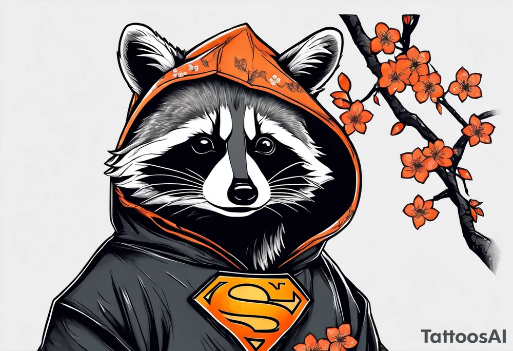 raccoon wearing a black and white Superman hoodie with orange Japanese cherry blossoms tattoo idea