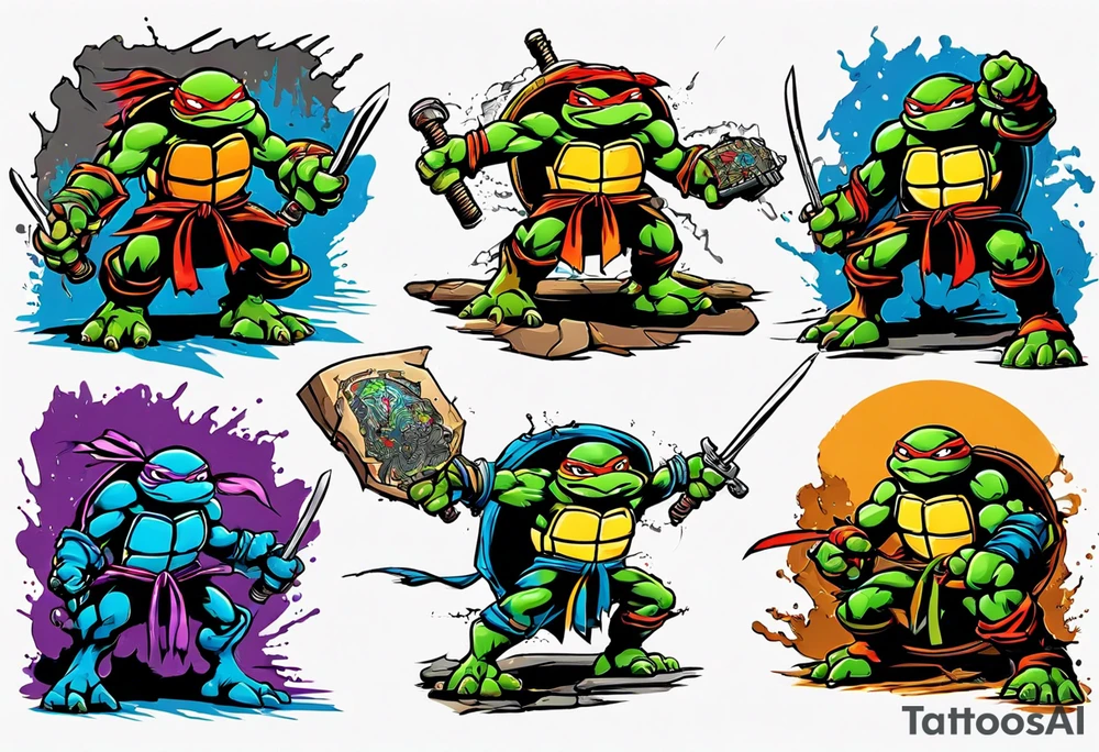 all four teenage mutant ninja turtles fighting enemies in a cityscape tattoo idea