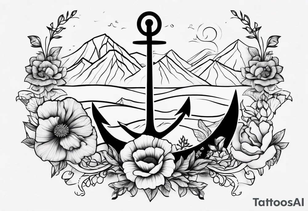 an anchor with poppy flowers intertwined and mountains behind it tattoo idea