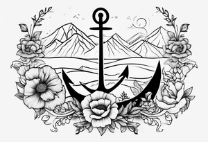 an anchor with poppy flowers intertwined and mountains behind it tattoo idea