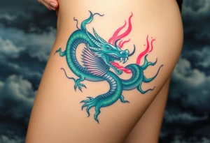 fierce dragon breathing iridescent fire against stormy skies green teal pink tattoo idea