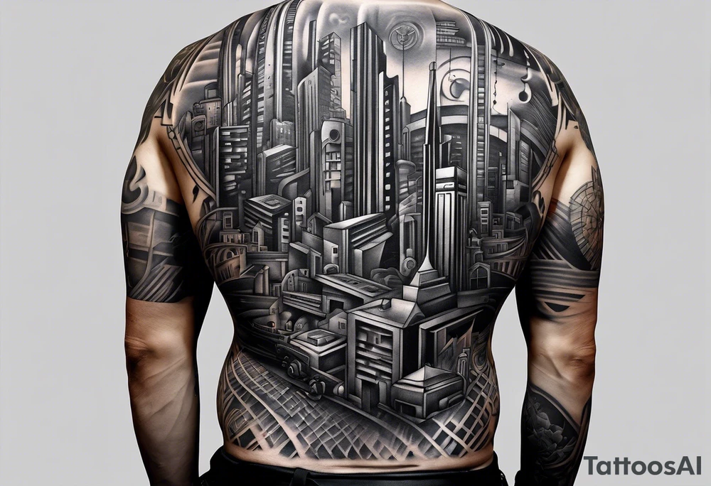 BLACK AND GREY
A tattoo featuring a futuristic cityscape with elements of music and technology integrated throughout tattoo idea