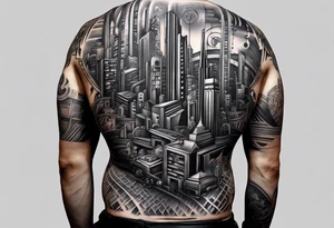 BLACK AND GREY
A tattoo featuring a futuristic cityscape with elements of music and technology integrated throughout tattoo idea