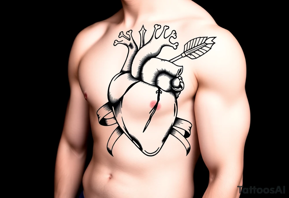 anatomical heart pierced by ornate arrow with flowing ribbons tattoo idea