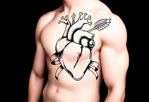 anatomical heart pierced by ornate arrow with flowing ribbons tattoo idea