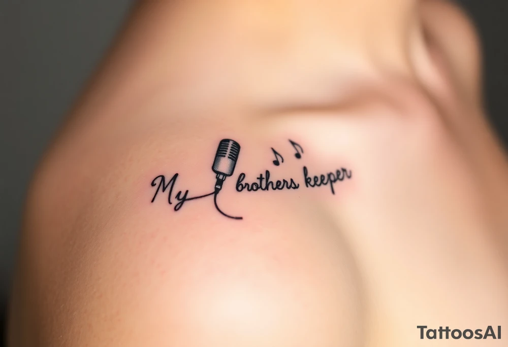 A microphone end of cord drawing the words “My brothers keeper” and music notes tattoo idea