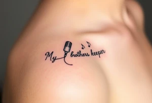 A microphone end of cord drawing the words “My brothers keeper” and music notes tattoo idea