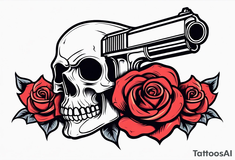 skull with a gun a  rose and an dominated by a  heart with  flames coming out of the top of it tattoo idea