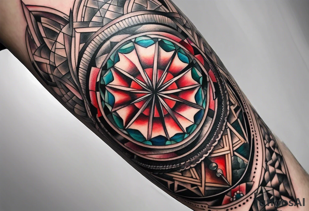 Knee tattoo with tints of red and sacred geometry tattoo idea