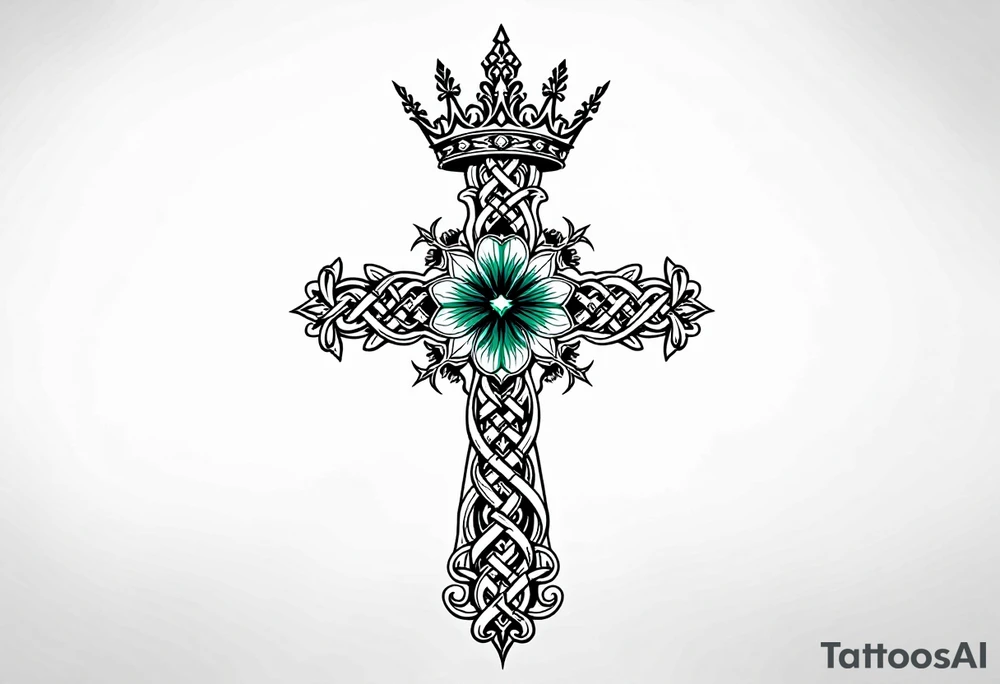 Celtic cross tattoo featuring intricate knotwork patterns along the arms and base of the cross. At the heart of the cross, place a vibrant four-leaf clover, its leaves shaded with subtle gradients of green, symbolizing luck and unity. Above the cross, incorporate a regal crown adorned with ornate details, such as small gemstones or filigree, to signify authority and strength. Behind the cross add more celtic knots and a celtic tree of life tattoo idea