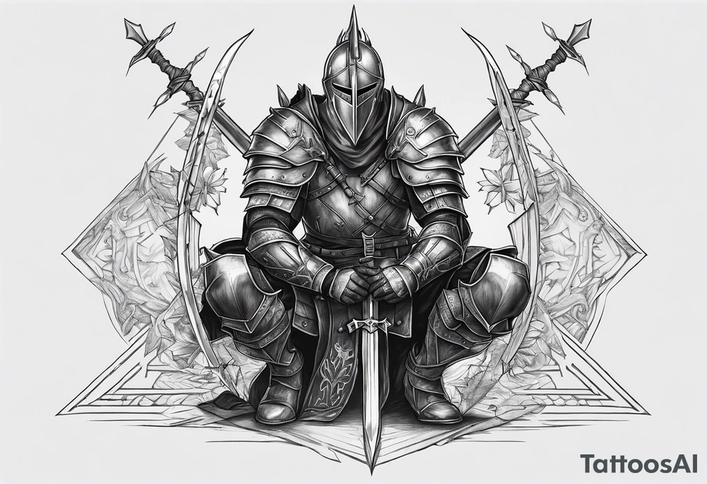 Fallen knight on his knees with five arrows in his back tattoo idea