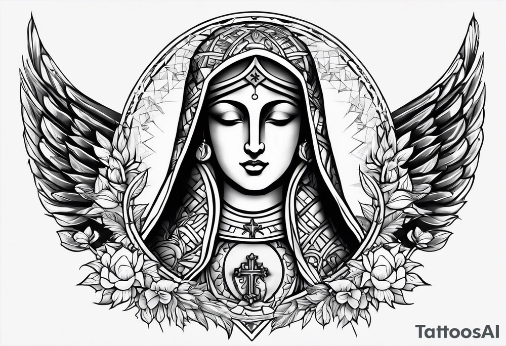 a shoulder and chest tattoo  with Mirditas flag on the shoulder and holy mary on the chest tattoo idea