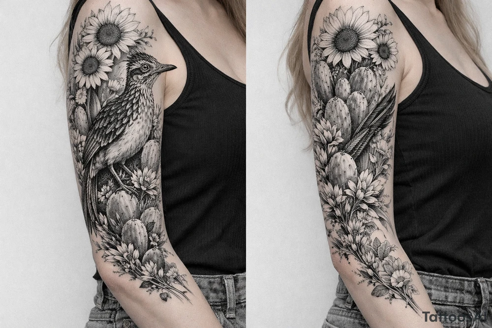 Medium size roadrunner surrounded by cactus and wildflowers including sunflowers and Indian paint brush flowers from shoulder onto hand tattoo idea