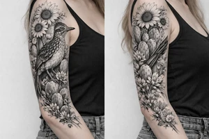 Medium size roadrunner surrounded by cactus and wildflowers including sunflowers and Indian paint brush flowers from shoulder onto hand tattoo idea