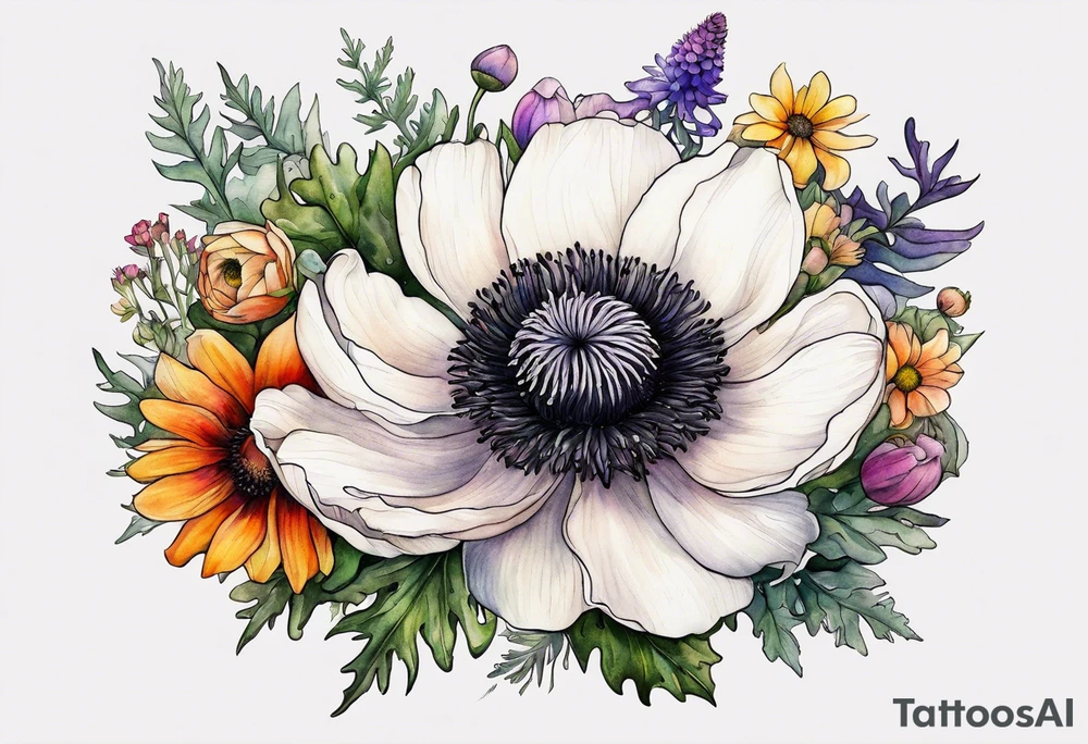 one white anemone with black center in the middle of mixed colorful wildflowers all with different shapes including thistles, ferns, ranuculus, and sun flowers all in watercolor tattoo idea