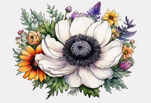 one white anemone with black center in the middle of mixed colorful wildflowers all with different shapes including thistles, ferns, ranuculus, and sun flowers all in watercolor tattoo idea
