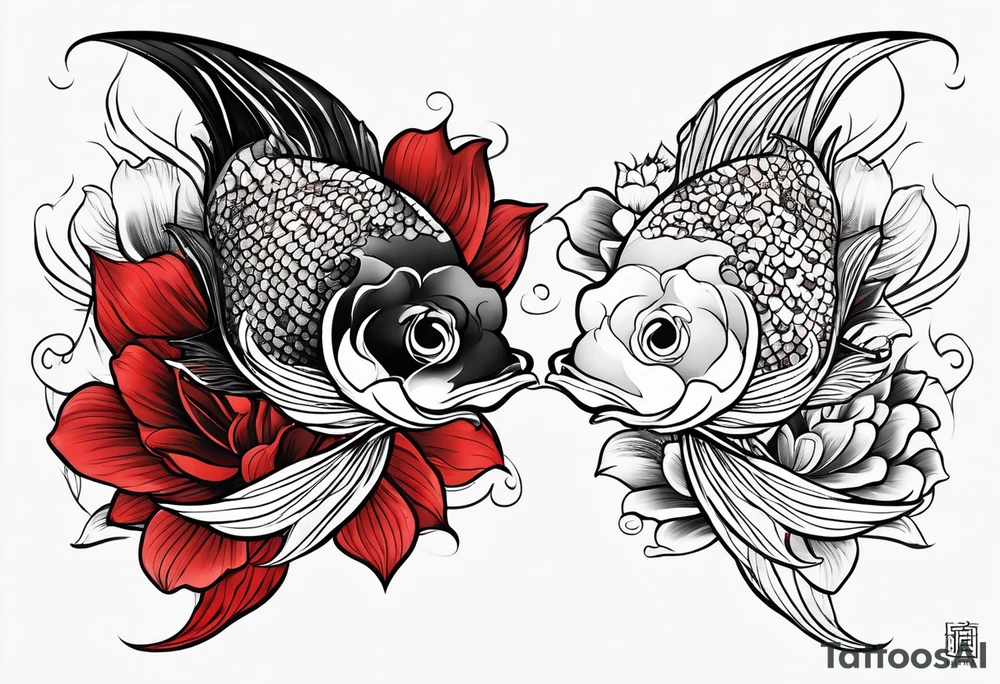 twin coi fish red and black with waves and lotus flowers tattoo idea