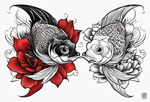 twin coi fish red and black with waves and lotus flowers tattoo idea