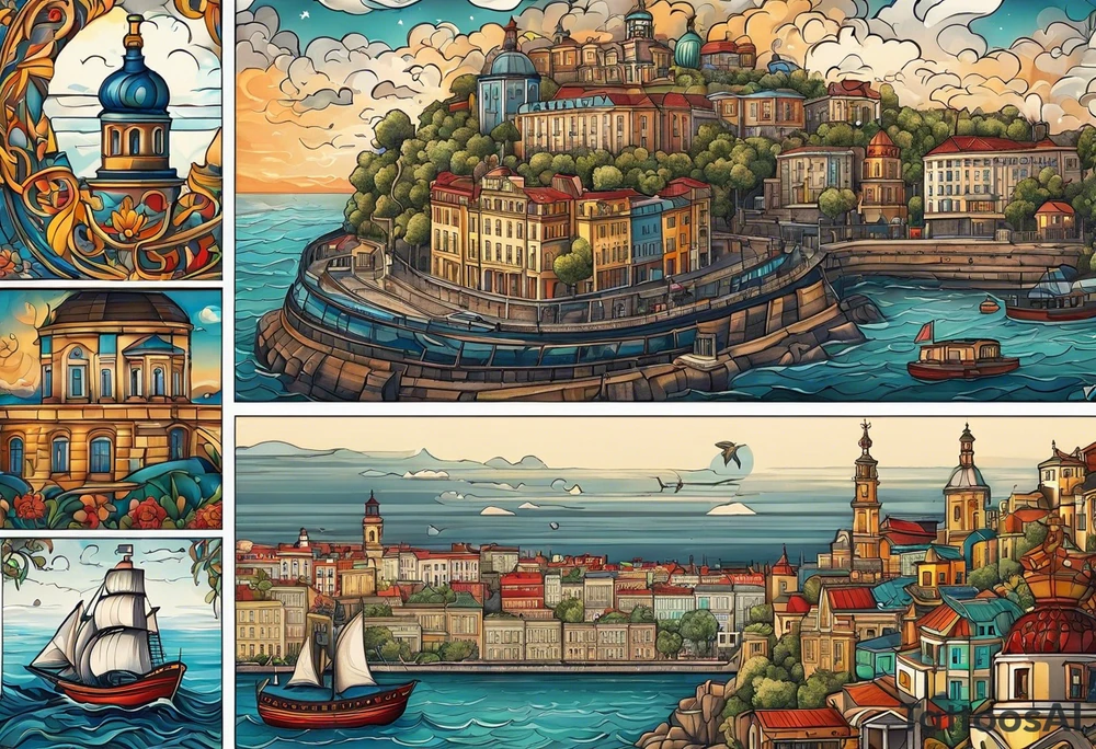 This tattoo depicts the city of Odesa. The main symbols of this city are a ship's wheel, a lighthouse, the Potemkin Stairs, the sea, the Opera House, and the cozy small streets. tattoo idea