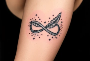 infinity symbol woven with floating feathers and stardust tattoo idea