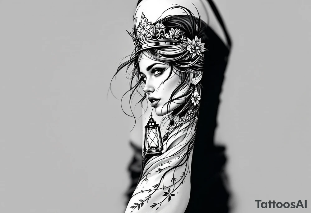 woman with crown an lantern tattoo idea