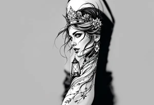 woman with crown an lantern tattoo idea