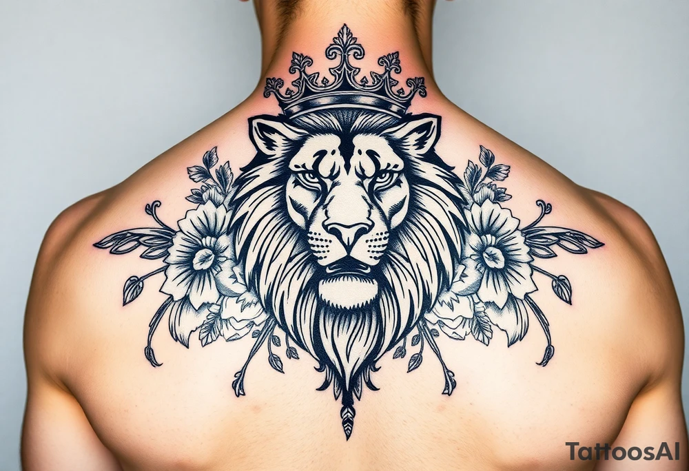 powerful majestic lion with a crown, surrounded by floral ornaments and birds tattoo idea