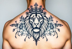 powerful majestic lion with a crown, surrounded by floral ornaments and birds tattoo idea