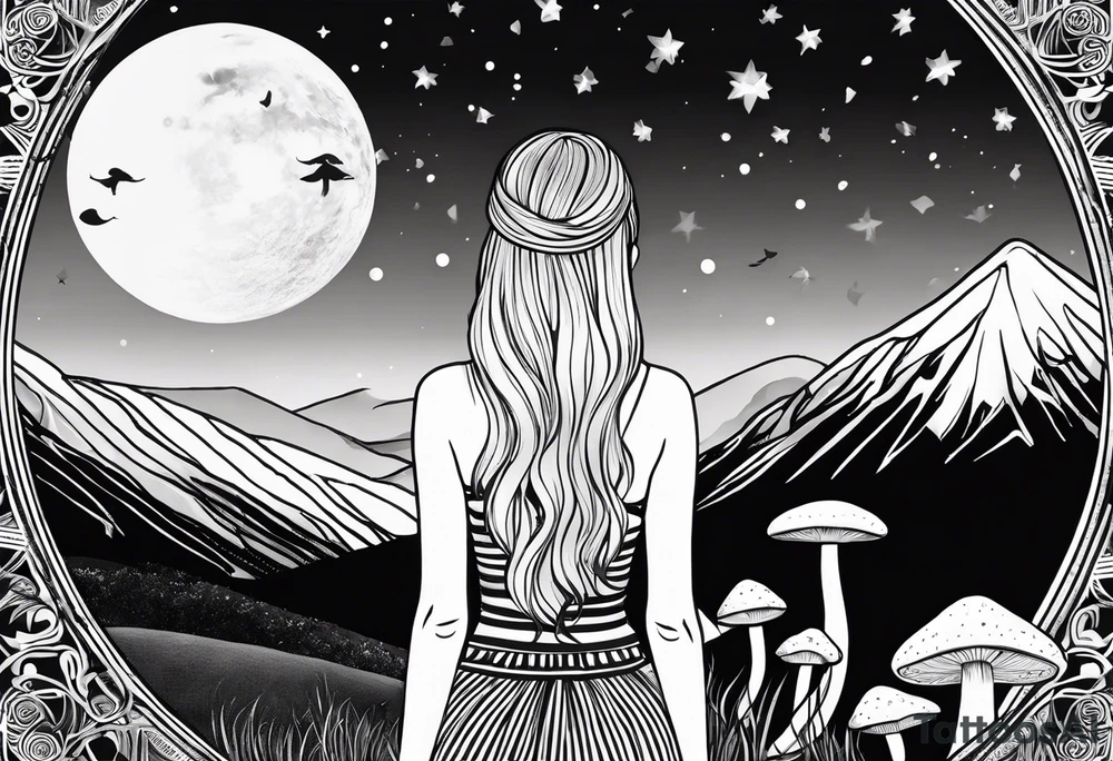 Straight blonde hair girl facing away toward mountains surrounded by mushrooms crescent moon mandala circular design black and white striped dress "8" braided into hair tattoo idea