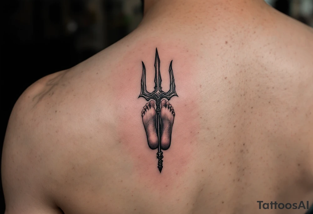 barefeet behind trident tattoo idea