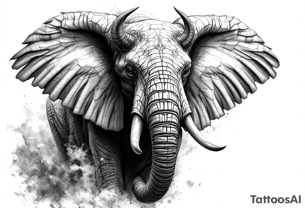 A hieroglyphic, depicting an ancient and gargantuan African elephant with horns protruding from its forehead and wings that resemble that of a falcons tattoo idea