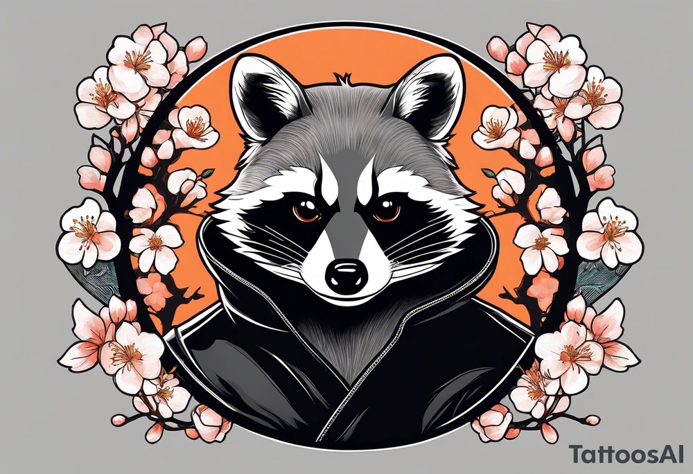 Raccoon wearing a white Superman logo on a black hoodie and orange Japanese cherry blossoms tattoo idea