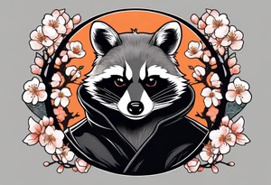 Raccoon wearing a white Superman logo on a black hoodie and orange Japanese cherry blossoms tattoo idea