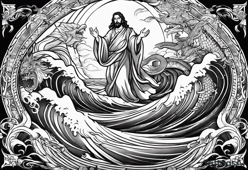 Almighty Jesus Christ ascends from Heaven to vanquish the formidable Serpent in the ocean tattoo idea